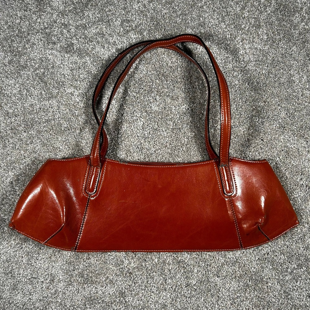 Prada Vintage Glazed Leather Shoulder Bag Burnt Orange Baguette Triangle Logo - Picture 2 of 8